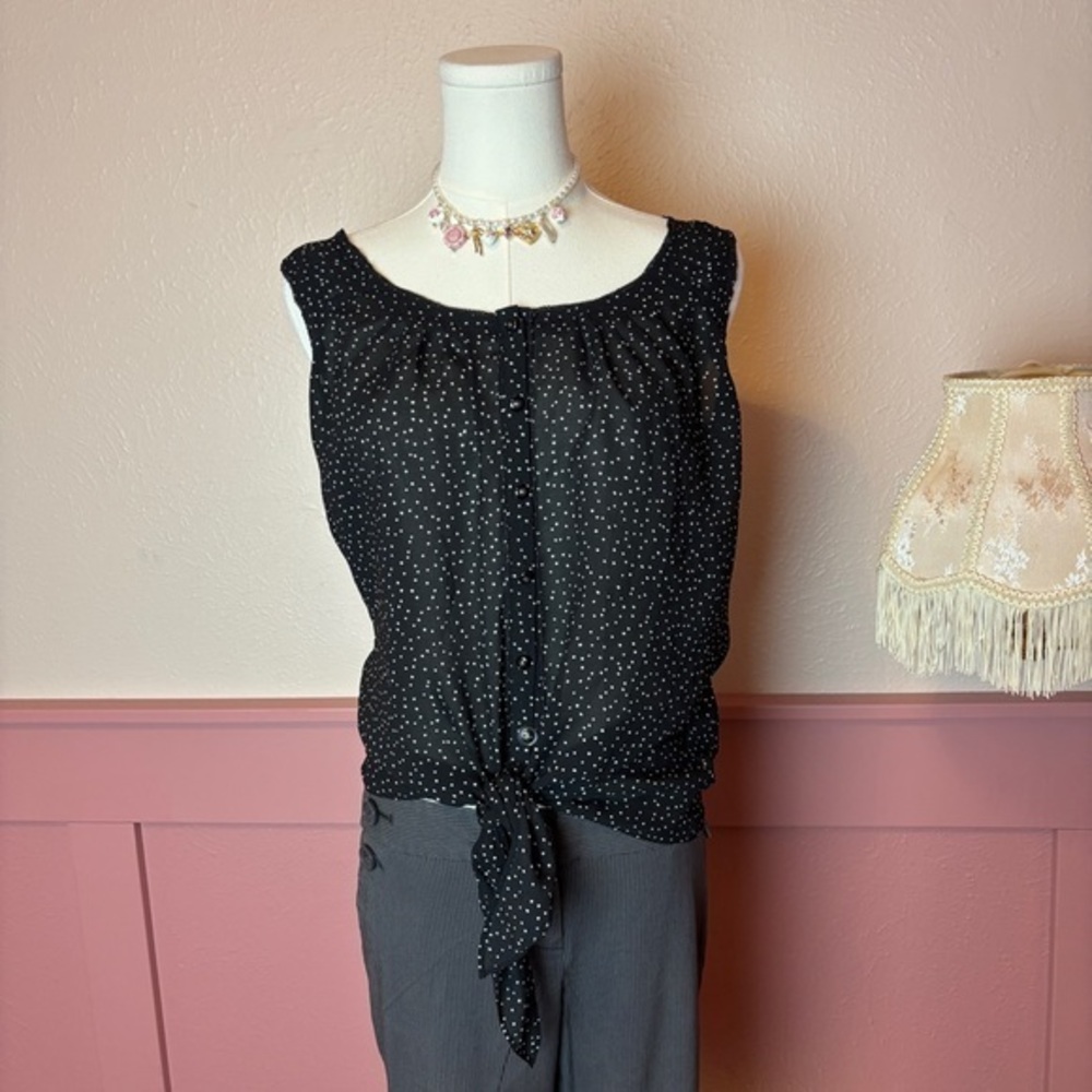 White House Black Market polka dot tie blouse sz small black white office casual